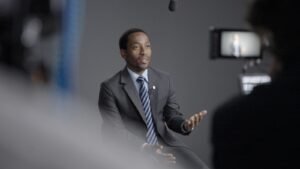 Guest being filmed in the executive interview studio at Semafor’s The Next 3 Billion.